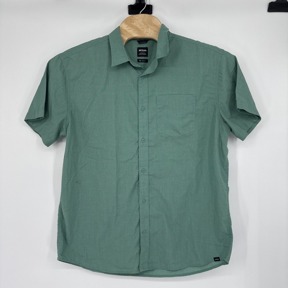Prana Standard Fit Mens Green Short Sleeve Button Up Shirt AOP Golf Beach XL